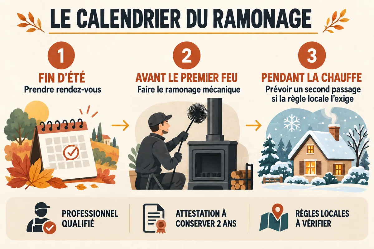 Calendrier du ramonage avant l’hiver avec rendez-vous, intervention et second passage éventuel