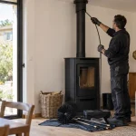 Ramoneur professionnel nettoyant le conduit d’un poêle à bois avant l’hiver