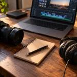 Appareil photo, casque et carnet sur une table de montage vidéo