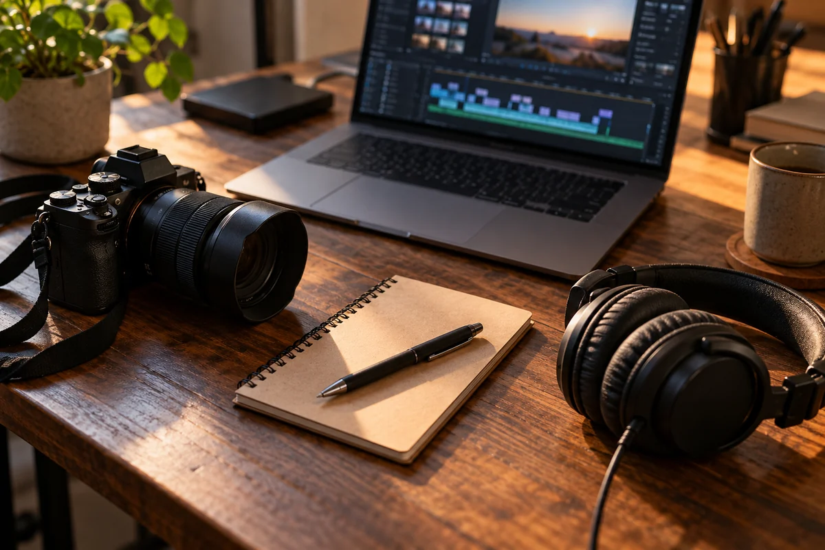 Appareil photo, casque et carnet sur une table de montage vidéo