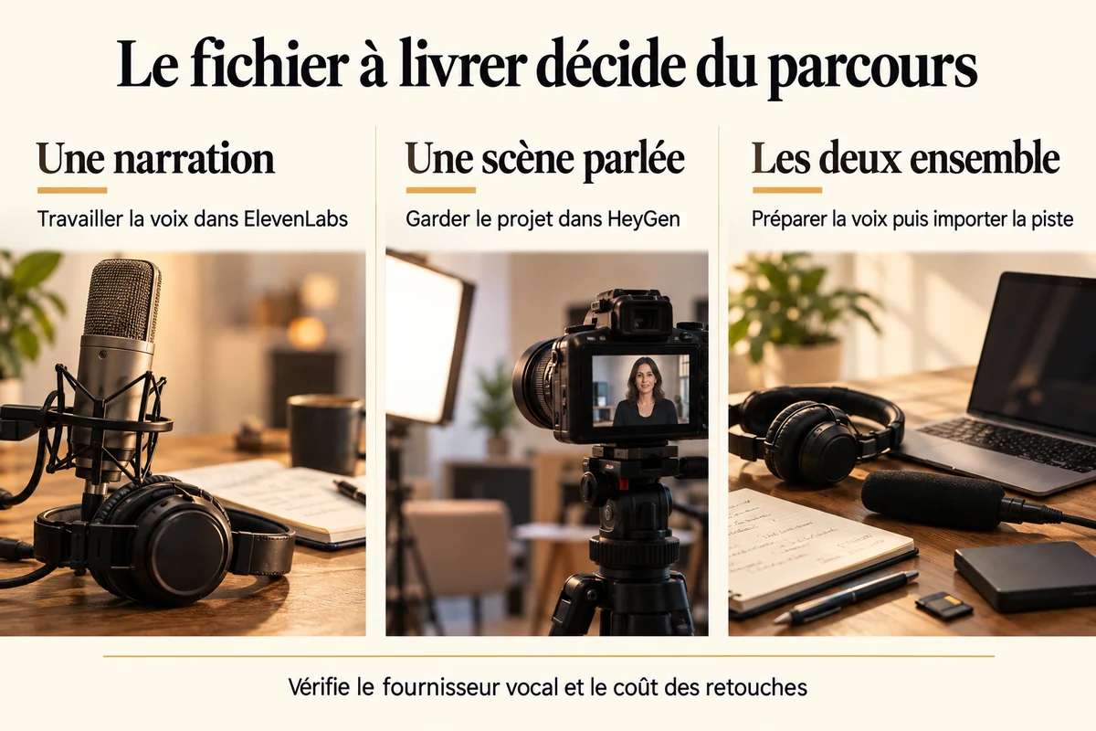 Trois parcours de production selon le fichier à livrer, narration, scène parlée ou préparation vocale puis import
