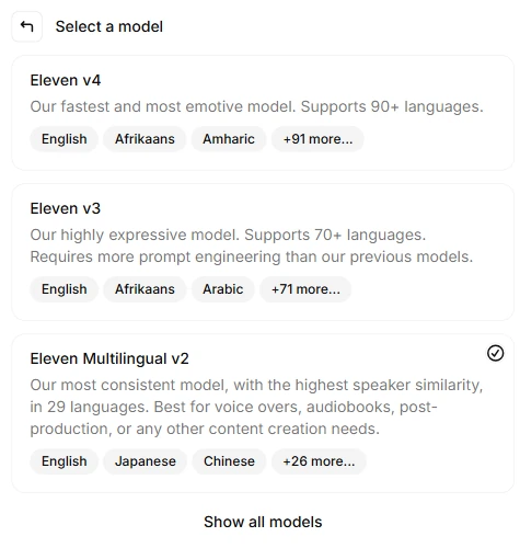 Menu des modèles ElevenLabs avec Multilingual v2 sélectionné