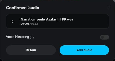 Import d’un WAV dans HeyGen avec Voice Mirroring désactivé