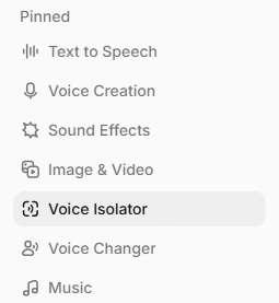 Voice Isolator sélectionné dans le menu latéral ElevenLabs