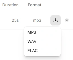 Menu de téléchargement ElevenLabs proposant MP3 WAV et FLAC