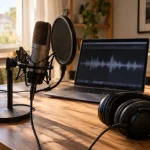Microphone, casque et ordinateur sur un bureau pour nettoyer la voix d’un podcast