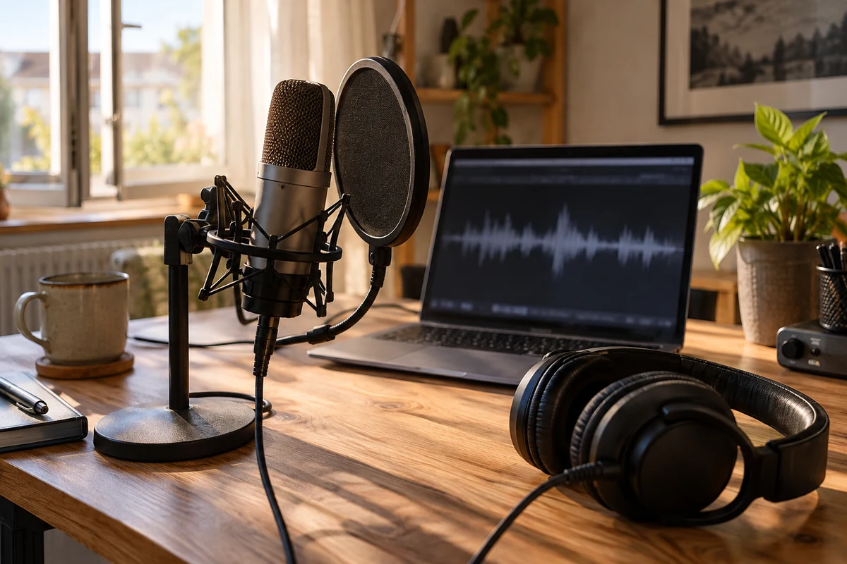 Microphone, casque et ordinateur sur un bureau pour nettoyer la voix d’un podcast