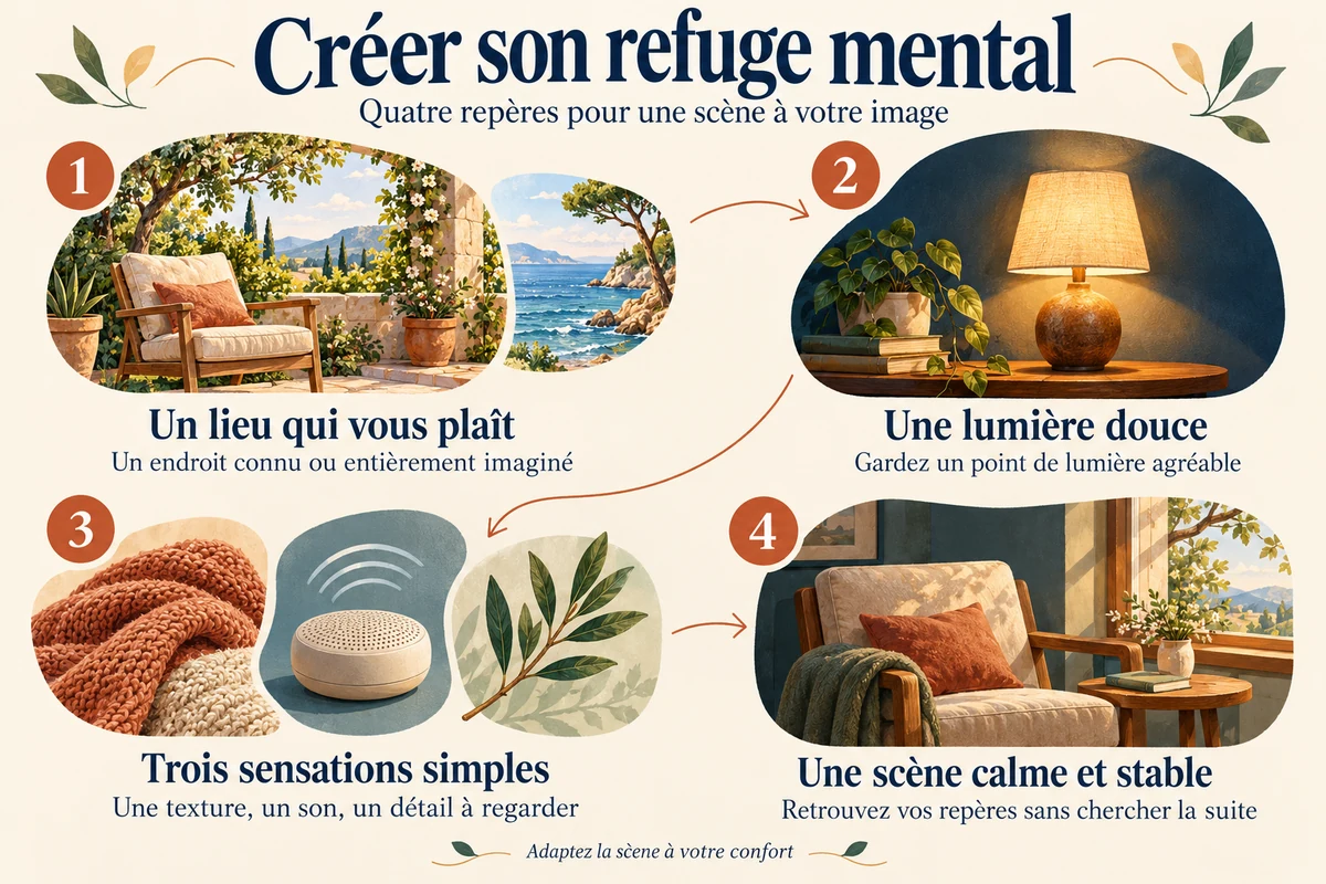 Créer son refuge mental en quatre étapes avec un lieu agréable, une lumière douce, trois sensations et une scène stable