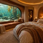 Cocon sous-marin imaginaire avec un grand lit douillet, des lumières ambrées et une fenêtre sur les algues
