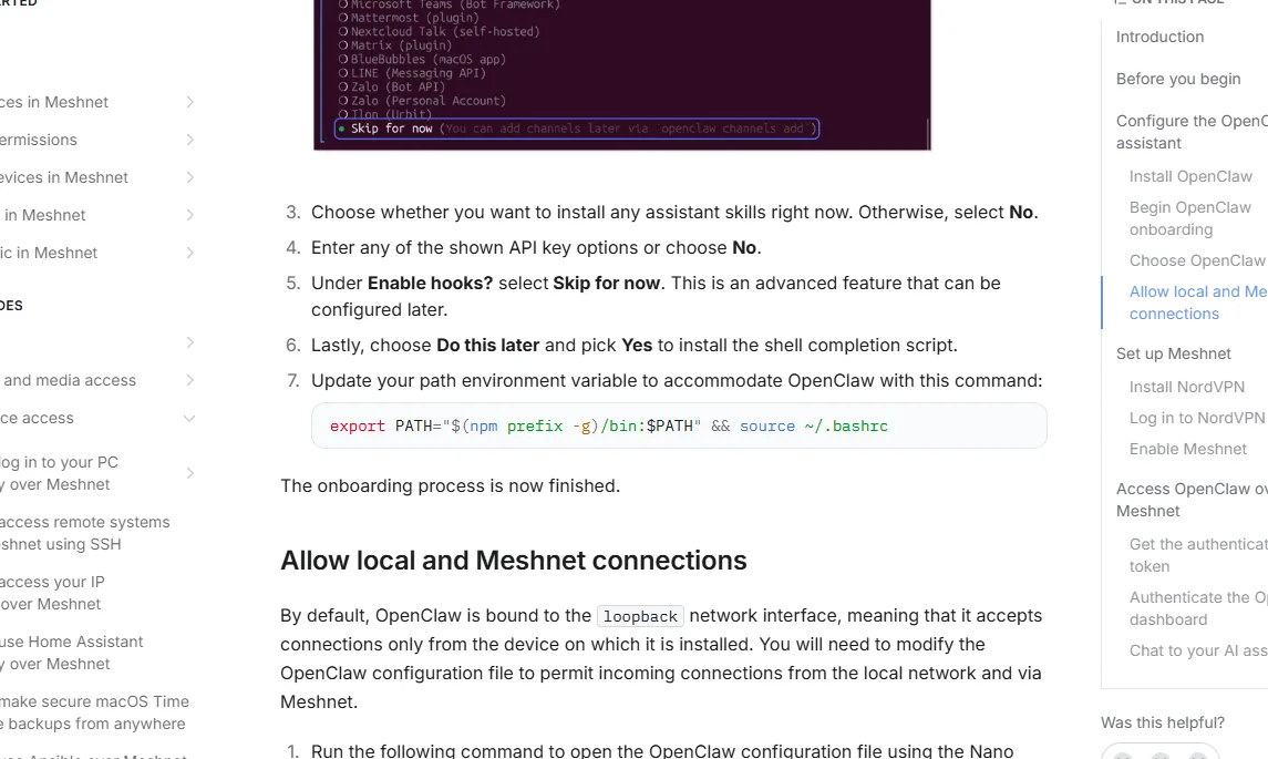 configuration OpenClaw pour accepter les connexions Meshnet