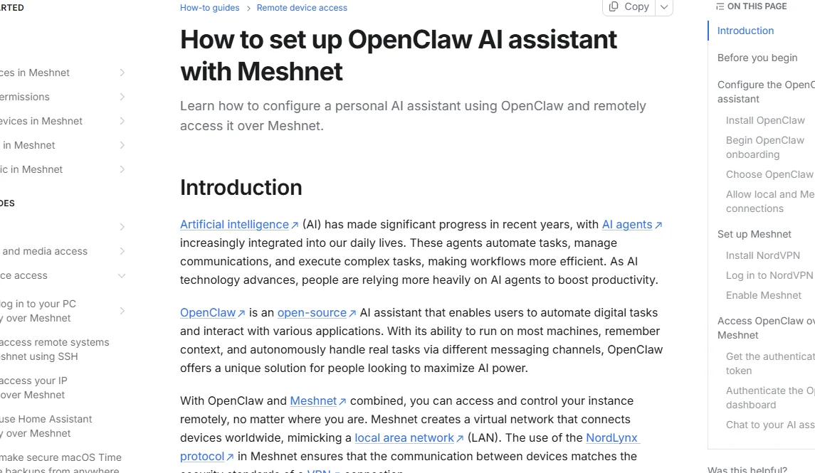 documentation Meshnet pour configurer OpenClaw avec un accès distant privé