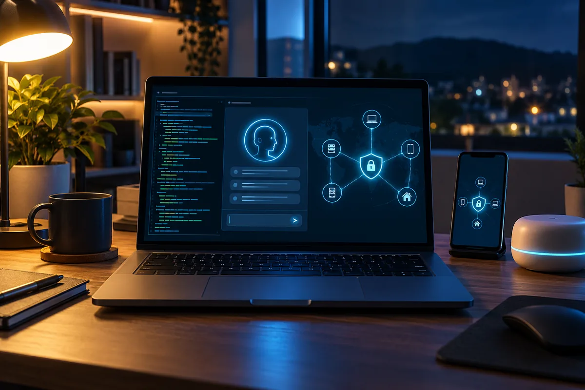 ordinateur affichant un assistant IA protégé par un réseau privé Meshnet